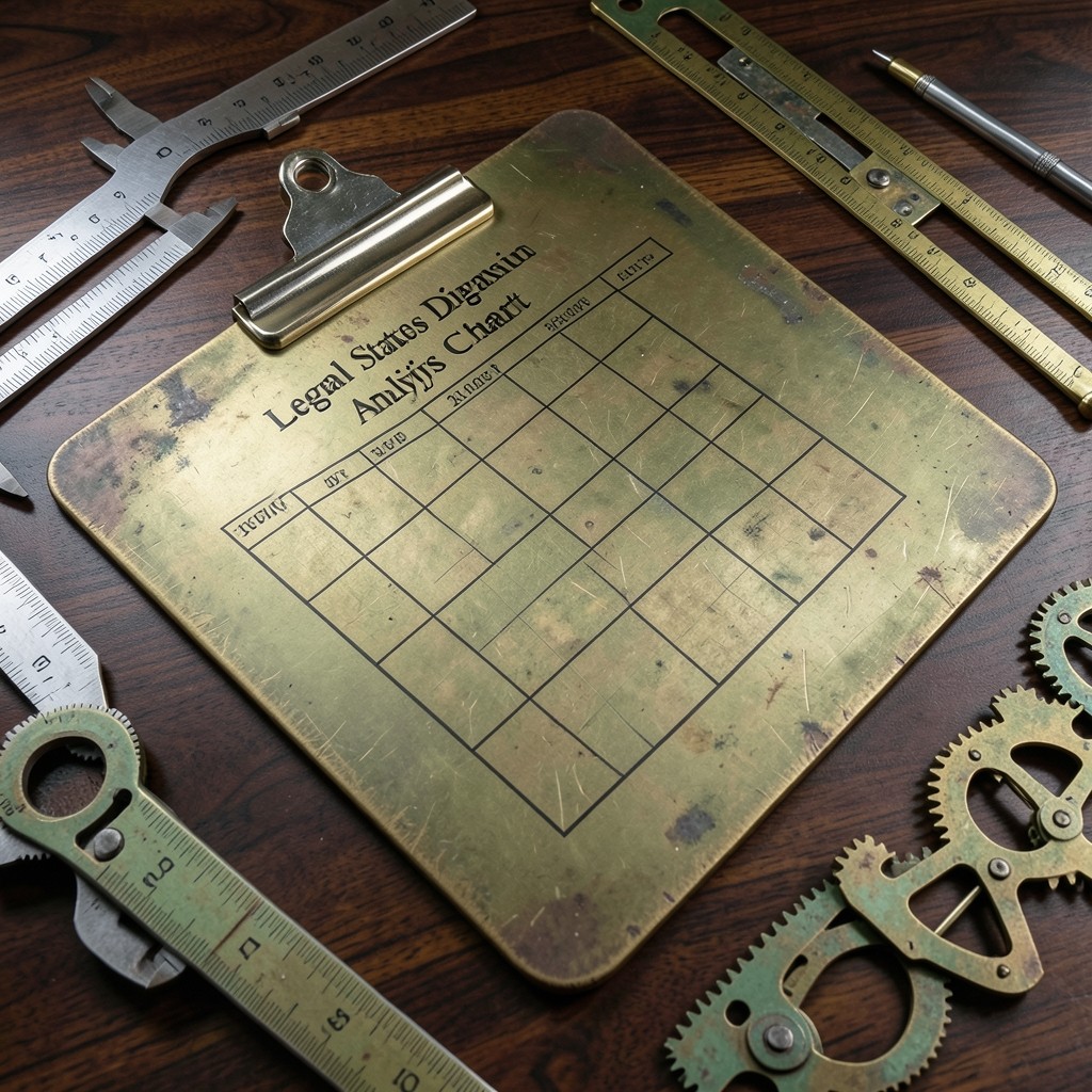 Grille d'analyse juridique et instruments de mesure sur un bureau en acajou