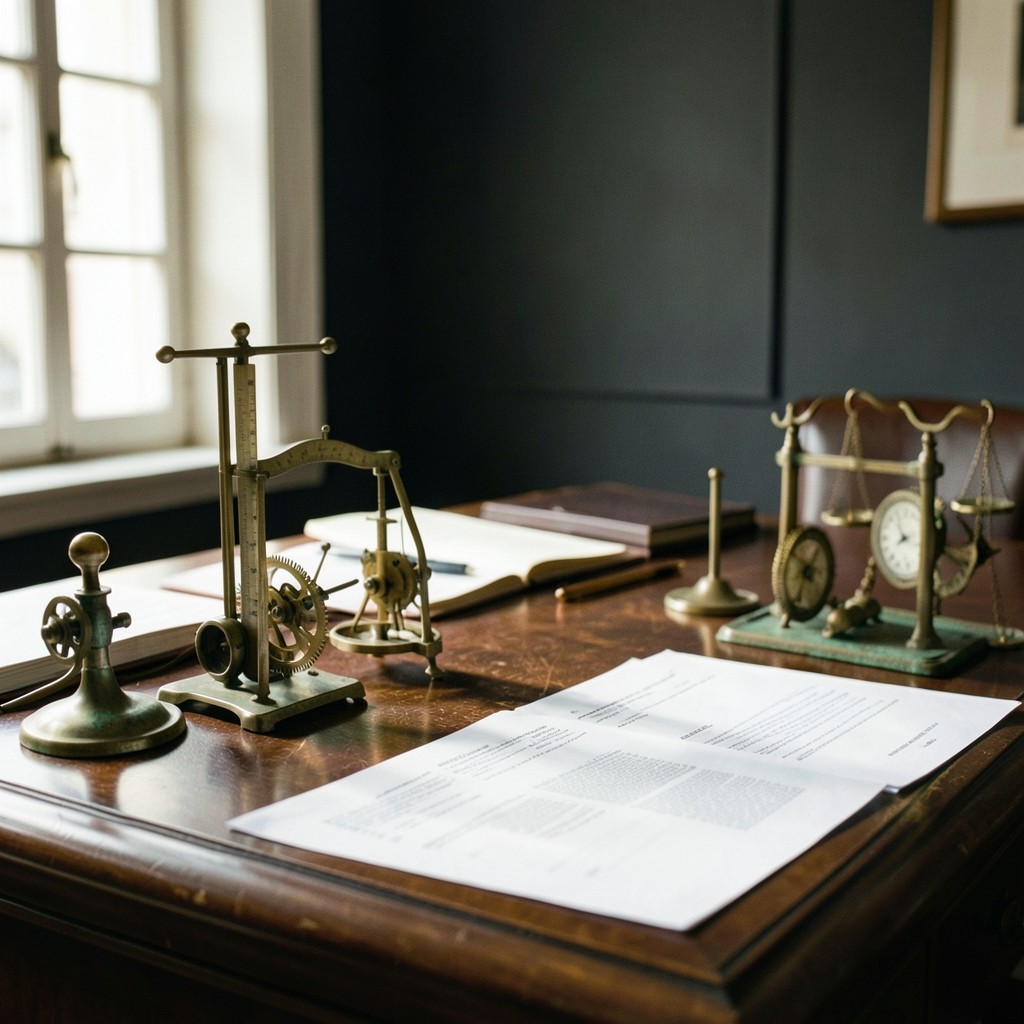 Bureau de consultation juridique avec instruments de mesure en laiton et documents de travail
